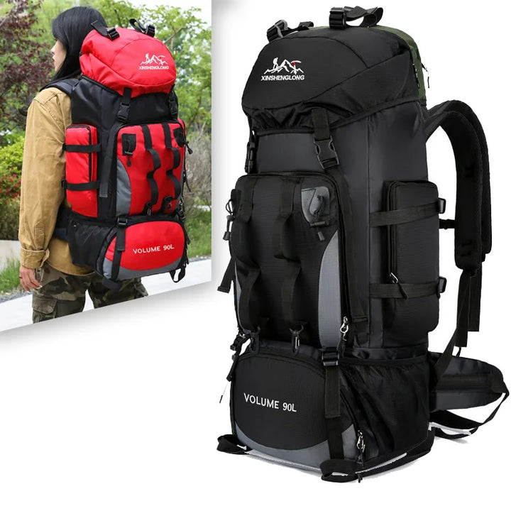 Spacious 90L men's hiking backpack in blue, featuring multi-compartment design for organized outdoor gear.