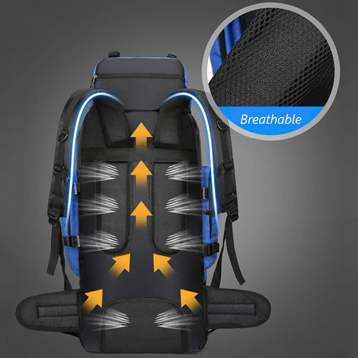 Large 90L men's travel pack in black, multi-compartment for organized gear, ideal for long outdoor trips.