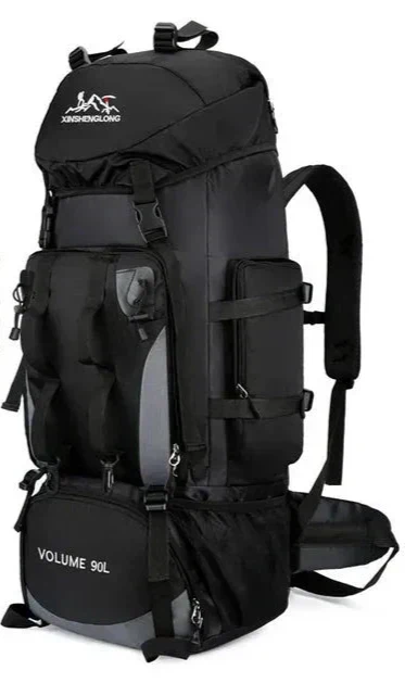 Waterproof 90L men's red hiking backpack, multi-compartment design for durable outdoor adventures.