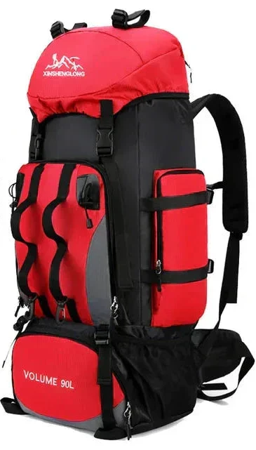 New men's 90L blue multi-compartment hiking backpack, large capacity for all your outdoor adventure gear.