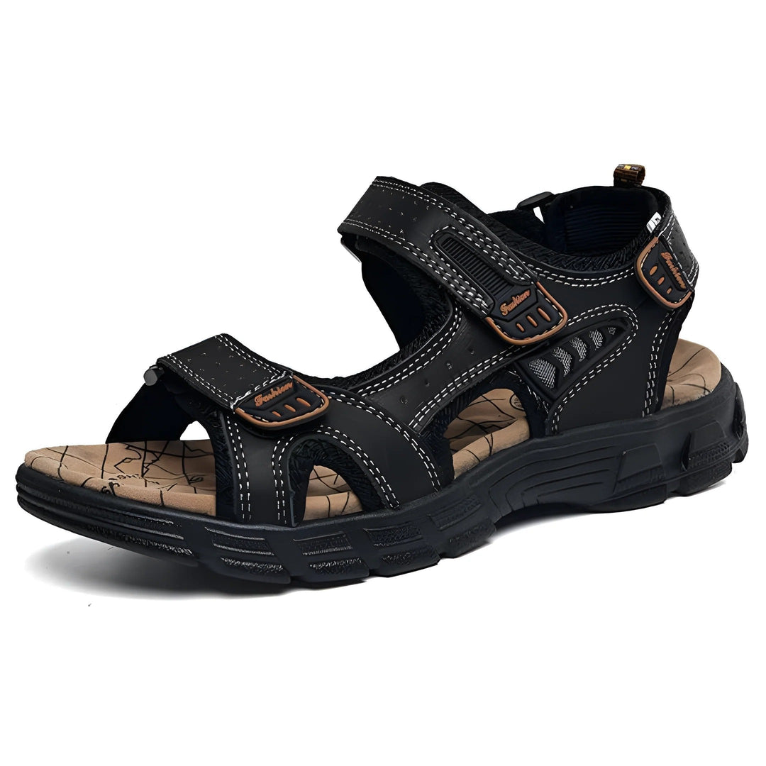 Men's adjustable brown leather sandals with contrast stitching for personalized comfort & style. Ideal for summer, beach, & casual wear.