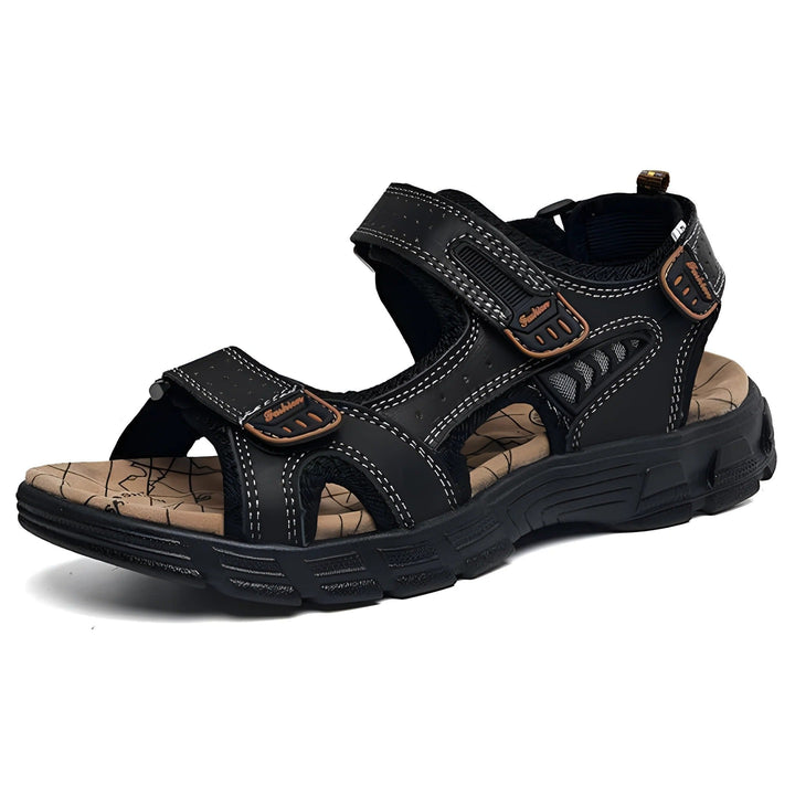 Men's adjustable brown leather sandals with contrast stitching for personalized comfort & style. Ideal for summer, beach, & casual wear.
