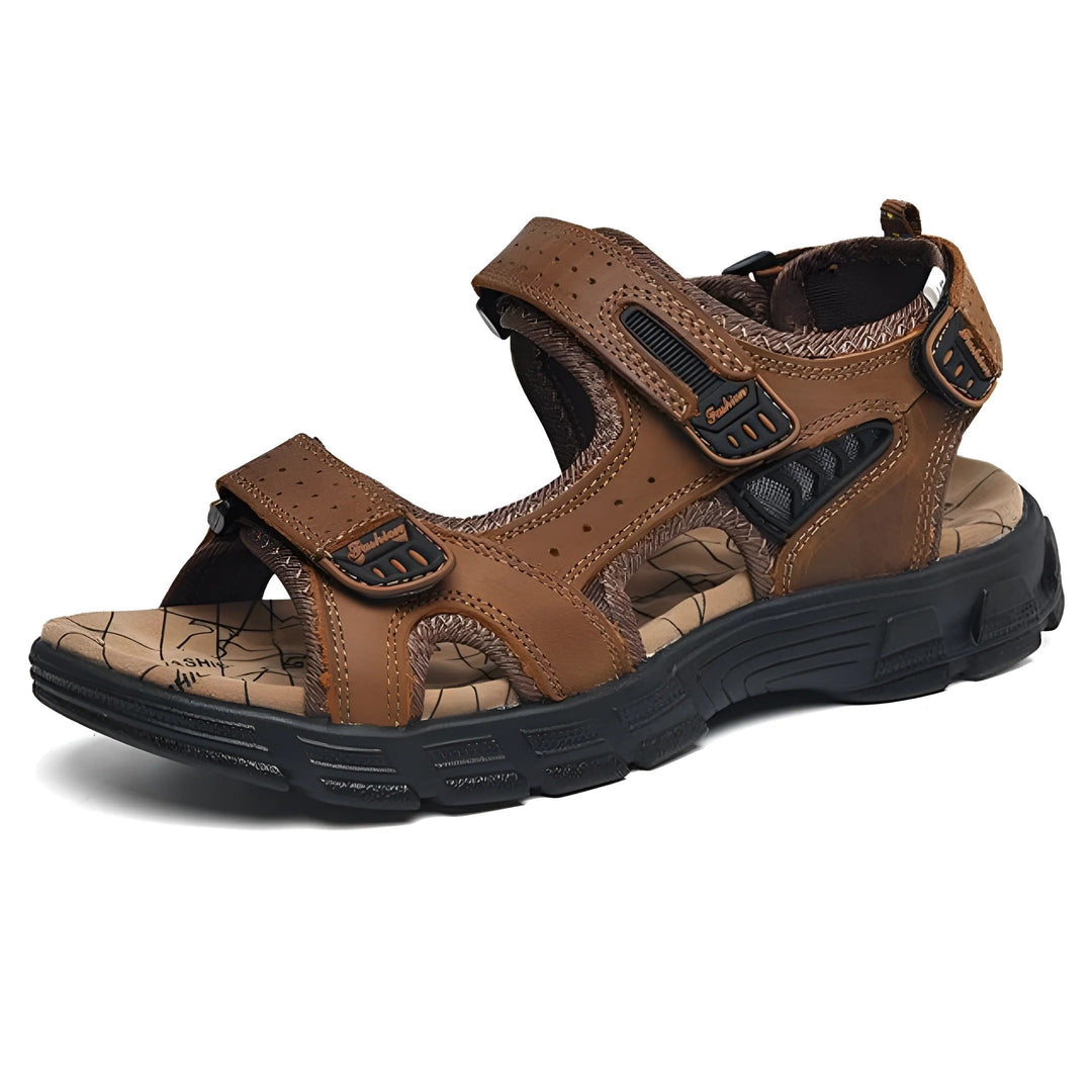 Stylish men's black adjustable casual sandals with comfortable footbed. Perfect outdoor, vacation, & daily summer footwear.