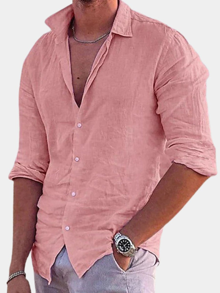 Men's airy breathable button-down long sleeve shirt, ideal for summer comfort & casual warm weather.