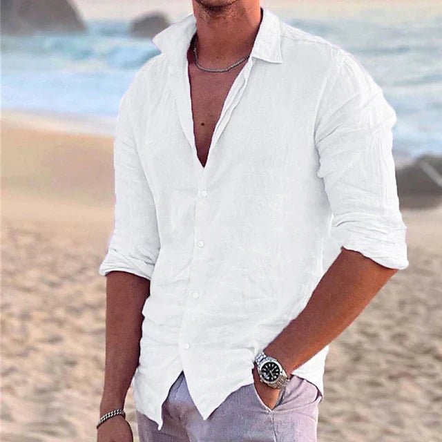 Lightweight & breathable men's summer shirt. Solid color long sleeve top, ideal for comfort & warm weather casual wear.