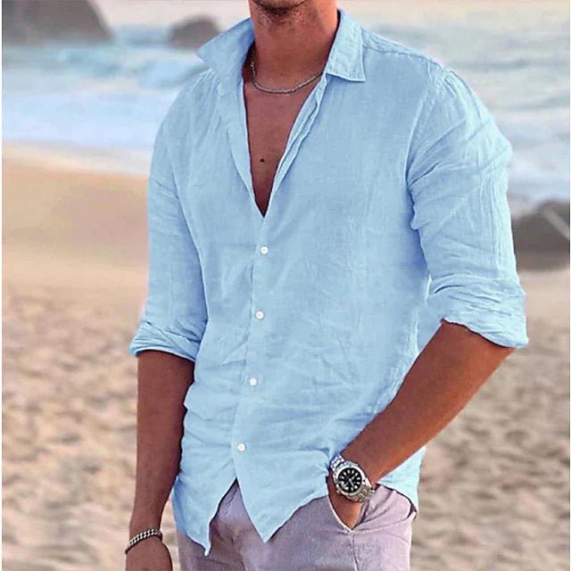 Versatile men's button-down long sleeve shirt. Regular fit & breathable for summer, great for travel & vacation style.