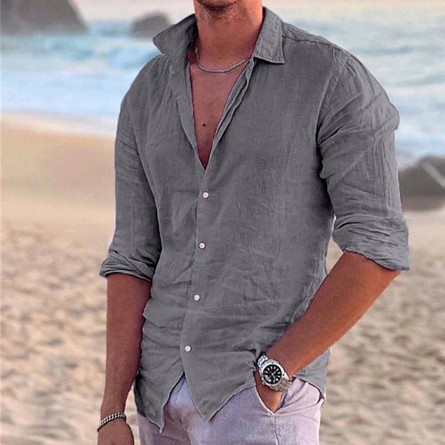Men's regular fit breathable long sleeve shirt. Solid color button-down top, excellent for summer casual style.
