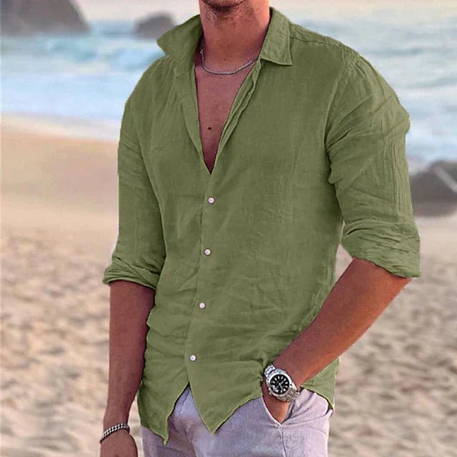 Close-up of airy breathable fabric on a men's long sleeve summer button-down shirt. Comfort for warm weather.