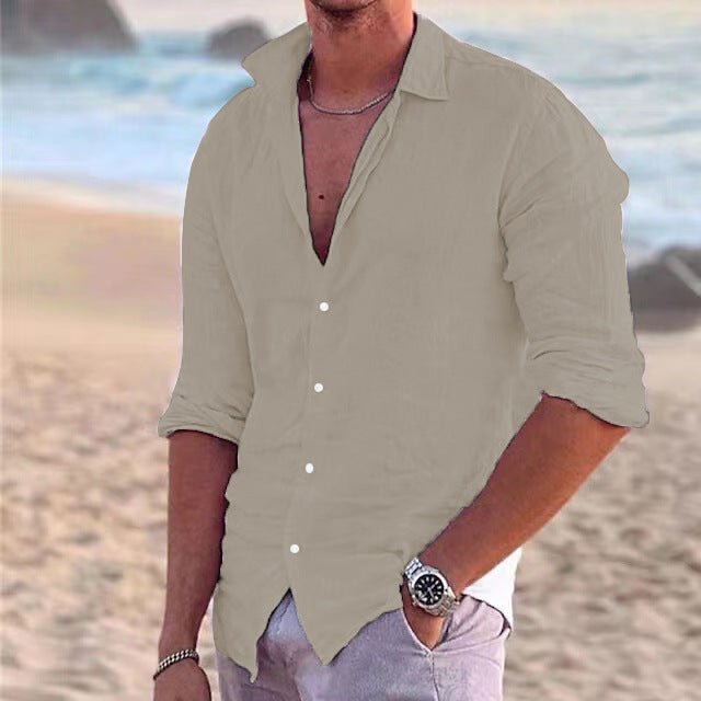 Detailed buttons on a men's casual long sleeve summer shirt. Breathable, regular fit button-down for daily fashion.