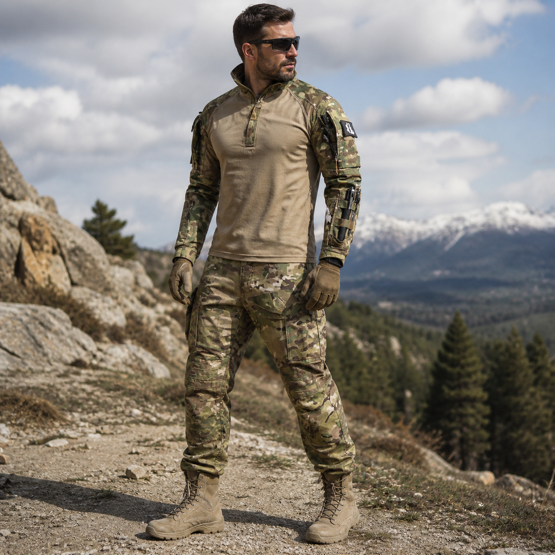 Men's all-weather tactical outdoor set for hiking. Water repellent & breathable activewear for multi-season use.