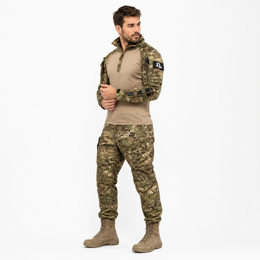 Two-piece men's tactical outdoor activewear set, ideal for hiking. Breathable and water repellent multi-season outfit.
