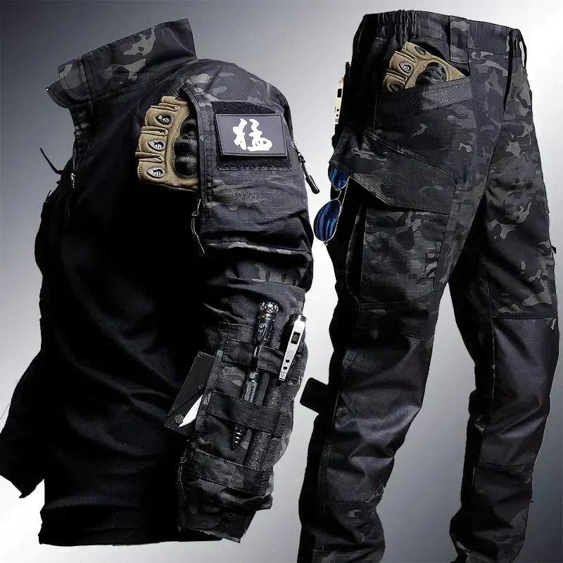 Water repellent men's tactical outdoor outfit. Durable two-piece set designed for activewear, hiking, and all-weather use.