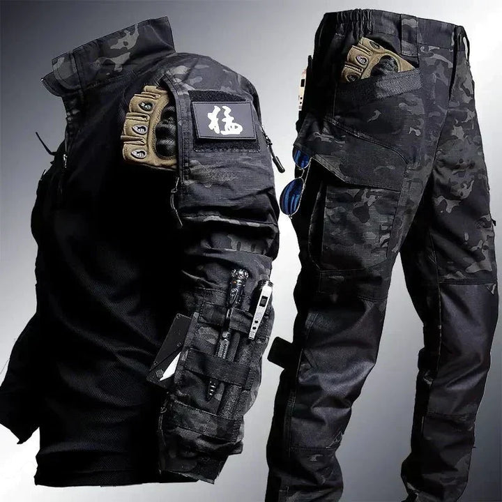 Water repellent men's tactical outdoor outfit. Durable two-piece set designed for activewear, hiking, and all-weather use.