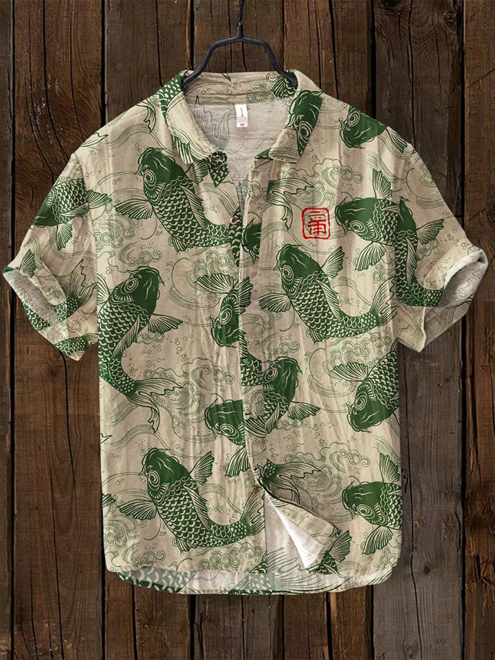 Relaxed fit men's casual polo with vibrant artistic print, perfect for spring/summer unique style.