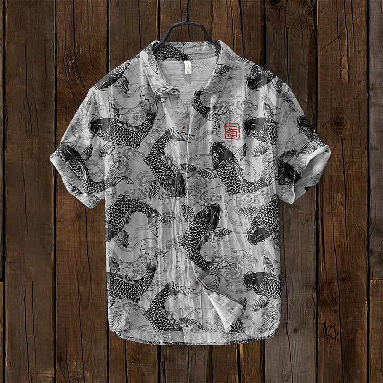 Men's button-up short sleeve polo with eye-catching artistic print. Unique casual shirt for spring.