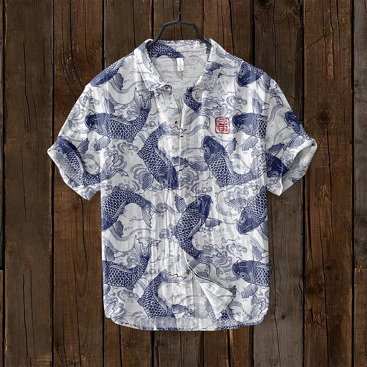 Distinctive men's artistic print polo shirt. Casual short sleeve top with unique pattern and comfortable fit.