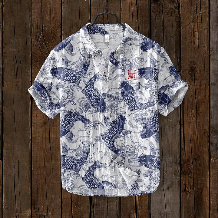 Distinctive men's artistic print polo shirt. Casual short sleeve top with unique pattern and comfortable fit.