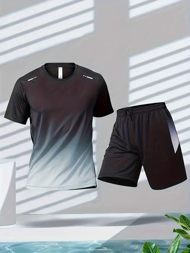 Quick-dry men's athletic sports set. Breathable performance t-shirt & shorts for active workouts & outdoor activities.