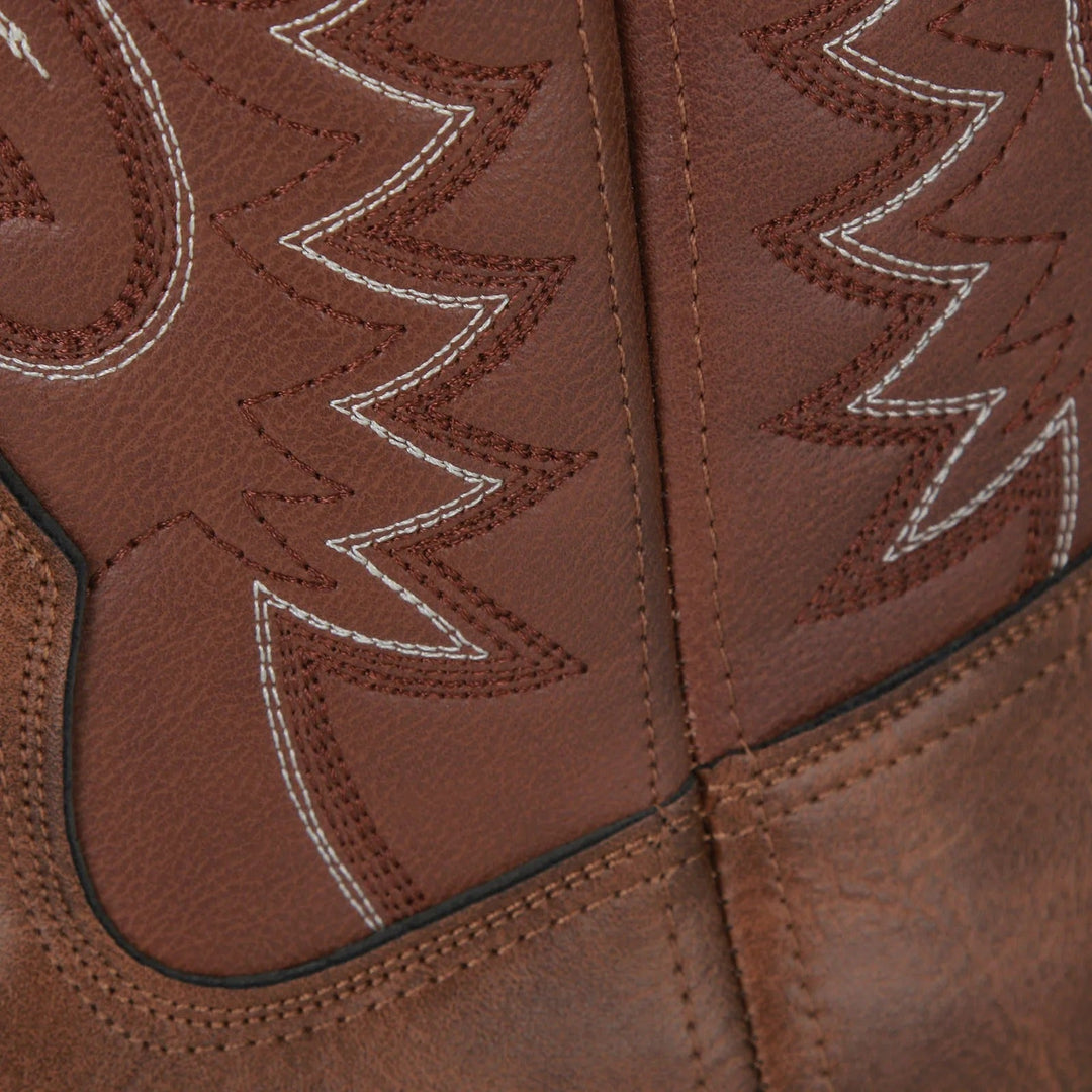 Men's durable Western square toe boots. Mid-calf slip-on cowboy footwear with totem pattern for authentic style & comfort.