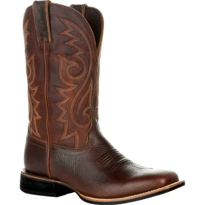 Stylish men's Western square toe boots with unique totem pattern. Mid-calf slip-on design for authentic cowboy style.