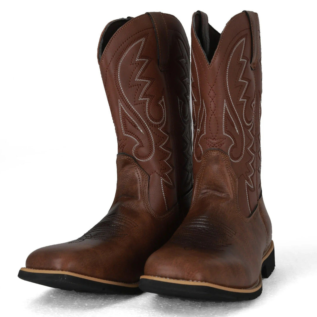 Comfortable men's square toe Western boots. Durable mid-calf cowboy footwear, perfect for rugged authentic style.