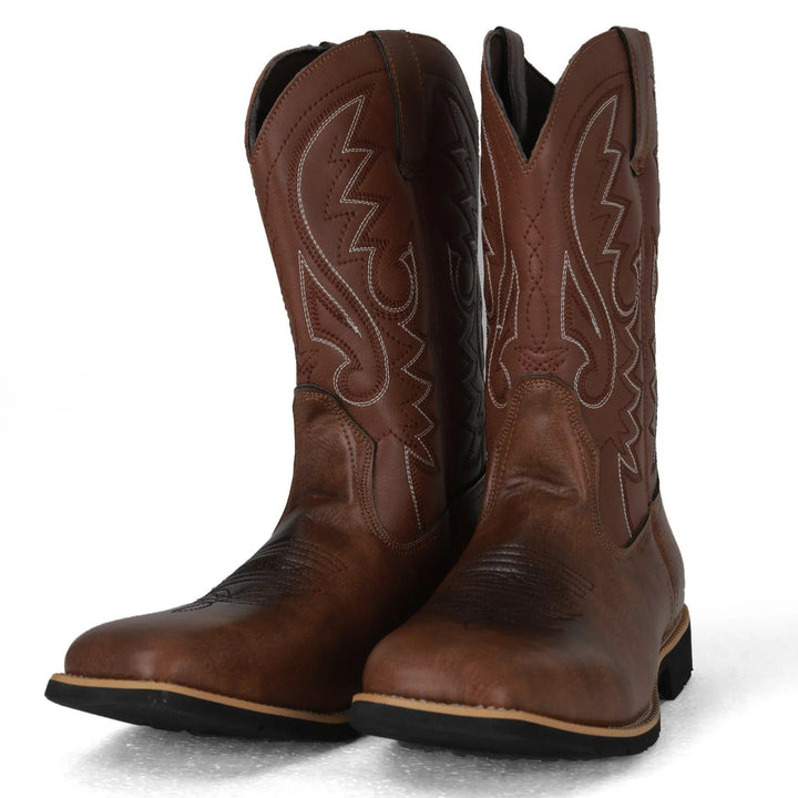 Comfortable men's square toe Western boots. Durable mid-calf cowboy footwear, perfect for rugged authentic style.