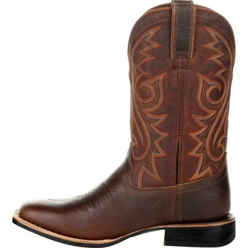 Men's square toe Western slip-on boots. Mid-calf cowboy footwear, offering authentic style & lasting comfort.