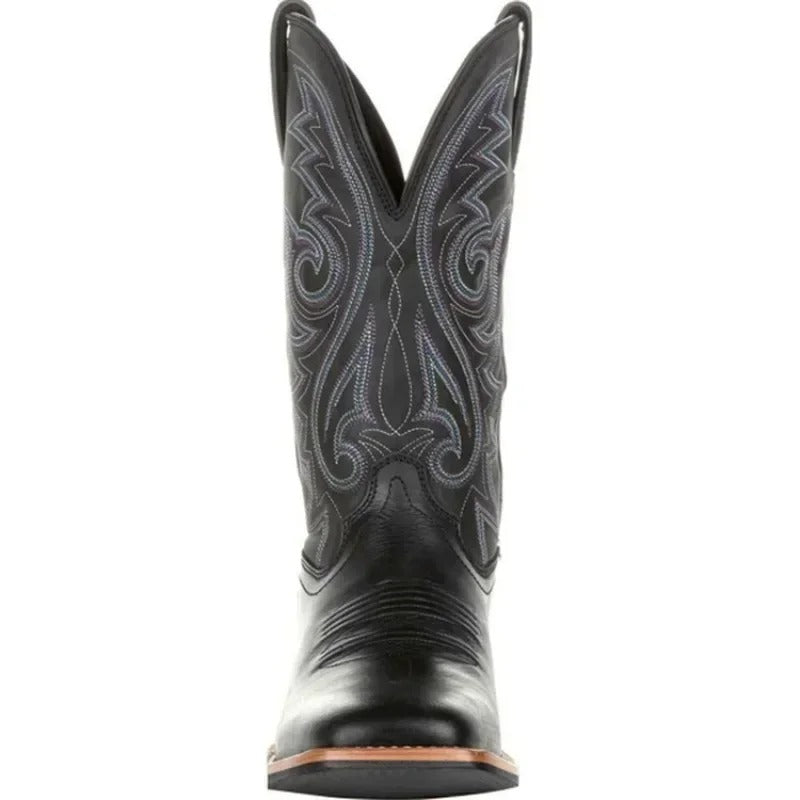Rugged men's Western fashion boots. Square toe, mid-calf slip-on design for authentic cowboy style and durability.