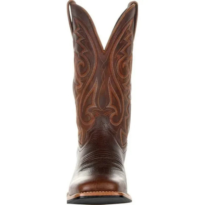 Durable men's Western square toe boots for authentic style. Comfortable mid-calf cowboy footwear, rugged & fashionable.