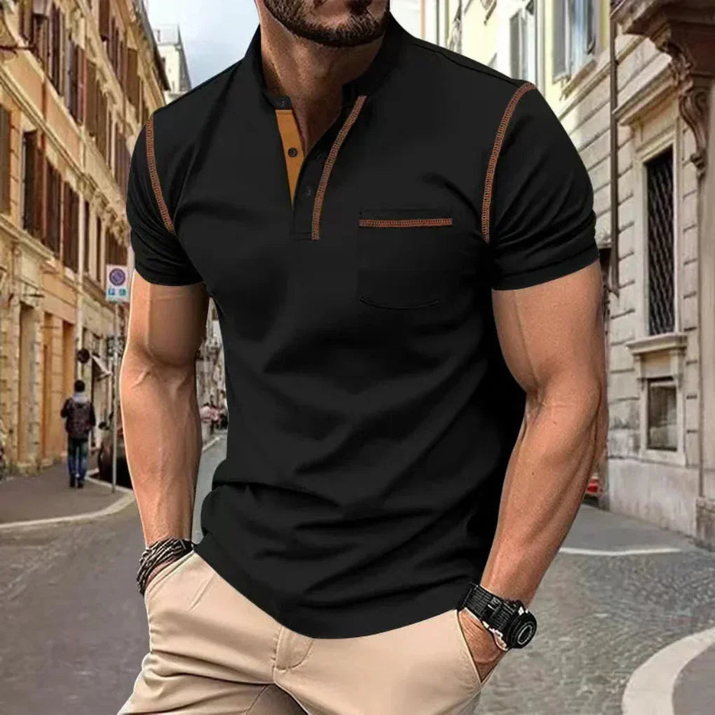 Men's band collar polo shirt in a modern design, perfect for stylish everyday casual wear. Short sleeve, regular fit top.