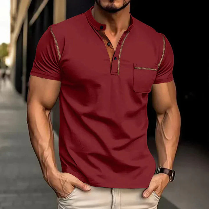 Versatile men's band collar polo shirt, a stylish modern top for daily casual outfits. Short sleeve, regular fit design.