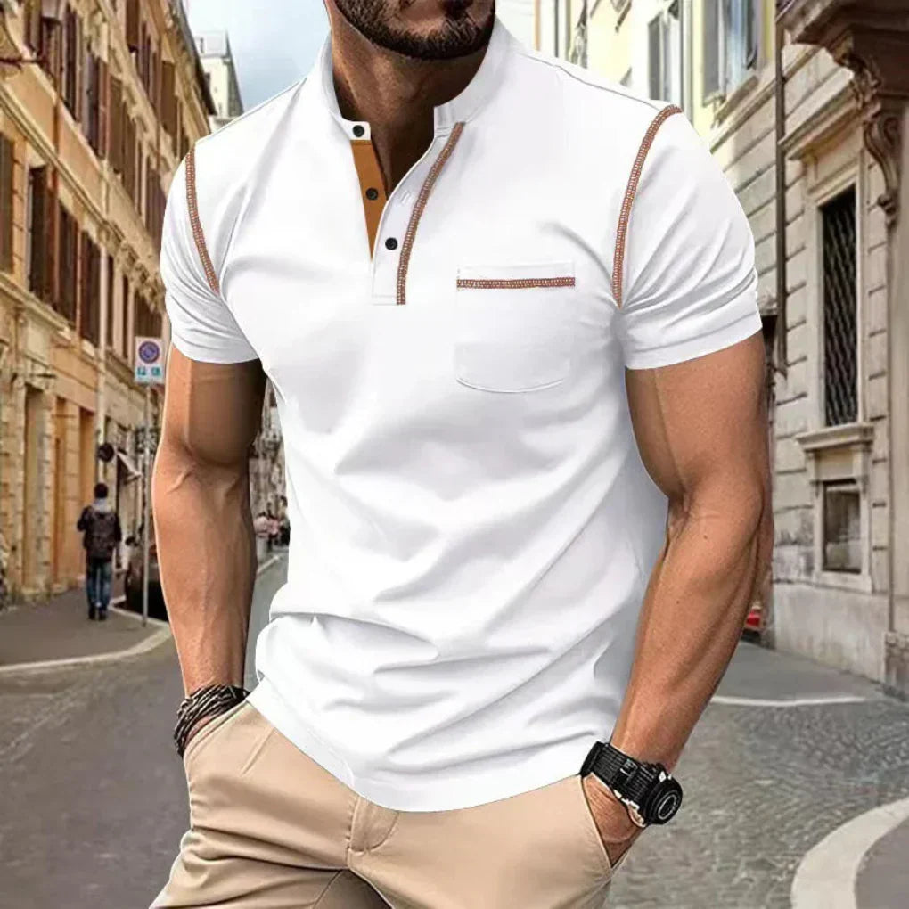 Stylish men's band collar polo, ideal for a smart casual look. Comfortable short sleeve men's top with a regular fit.