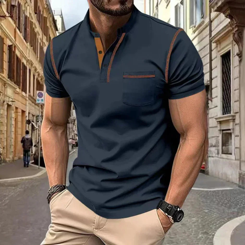 Everyday men's band collar polo shirt, offering stylish comfort. Modern short sleeve top with a band collar and button placket.