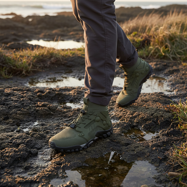 Men's barefoot style high shaft trail shoes. Lightweight, non-slip, breathable for natural movement & outdoor adventures.