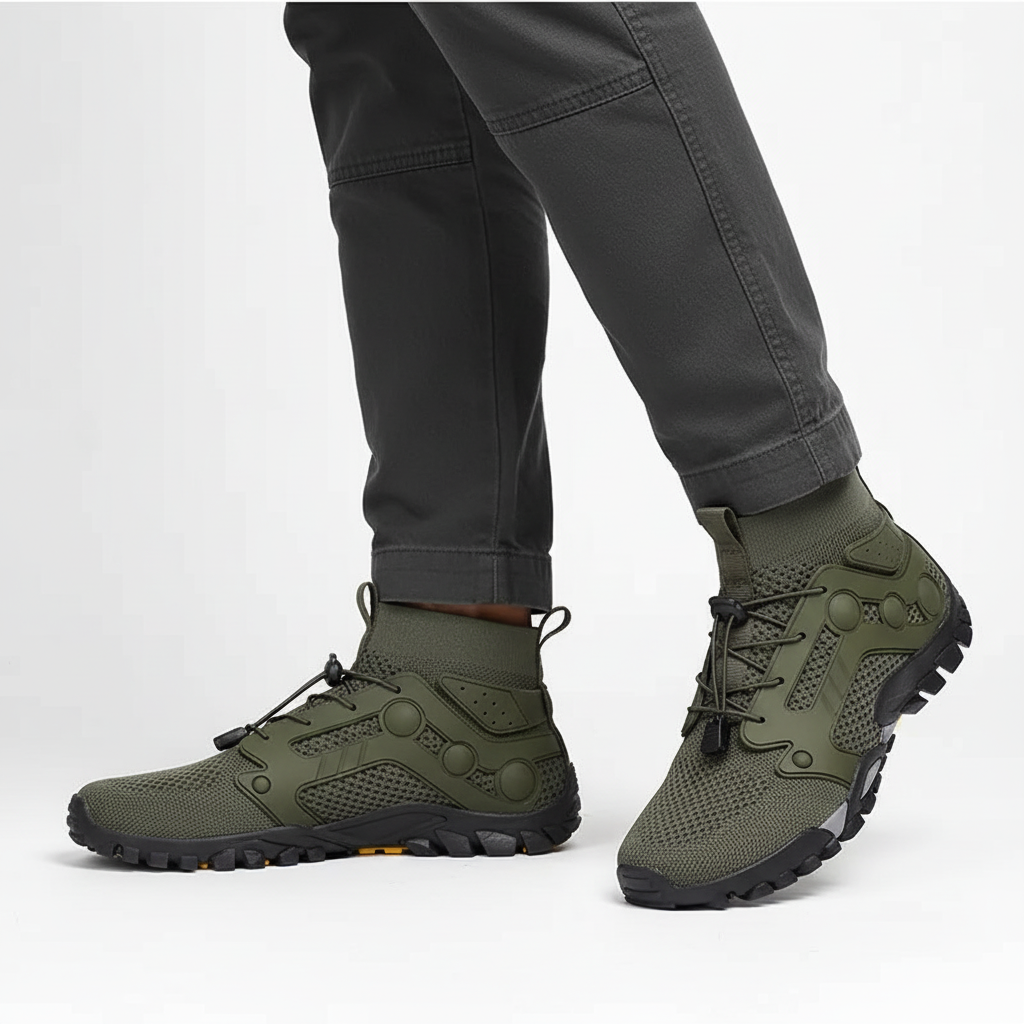 Men's high shaft hiking boots, barefoot style. Natural movement, non-slip grip & ankle support for rugged trails.