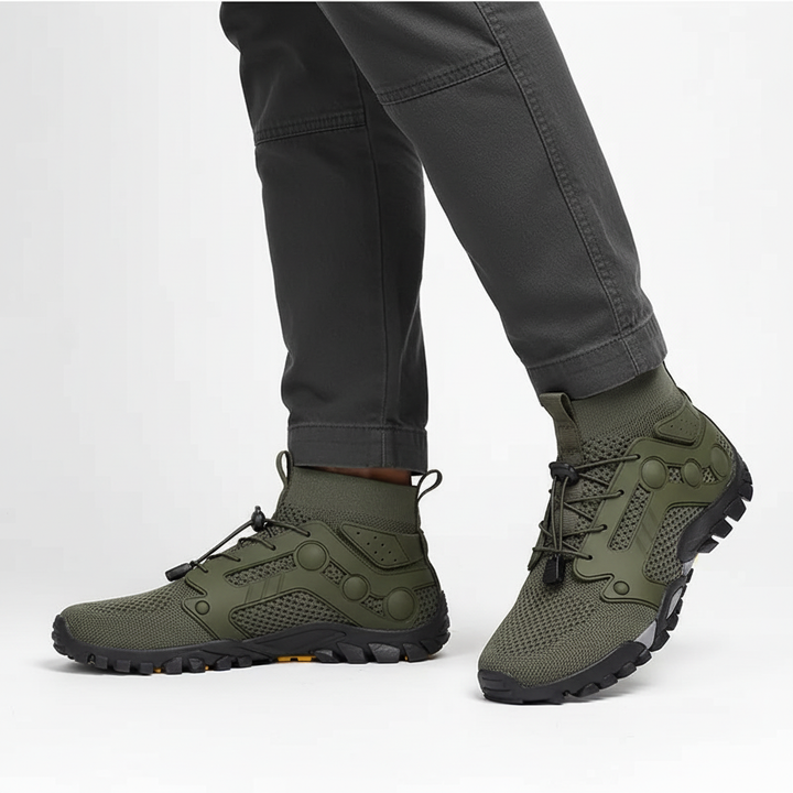 Men's high shaft hiking boots, barefoot style. Natural movement, non-slip grip & ankle support for rugged trails.