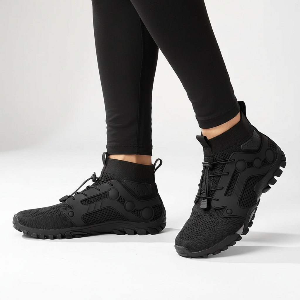 Men's barefoot style high shaft outdoor shoes with non-slip grip. Excellent for hiking & trail adventures.