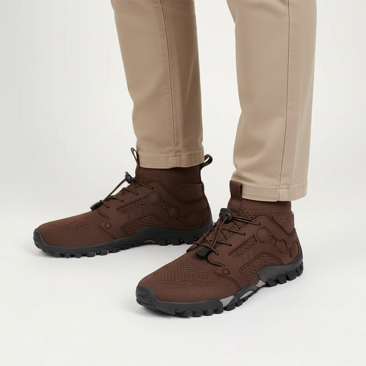 Men's high shaft barefoot trail shoes for natural movement. Breathable, comfortable, & provides good grip.