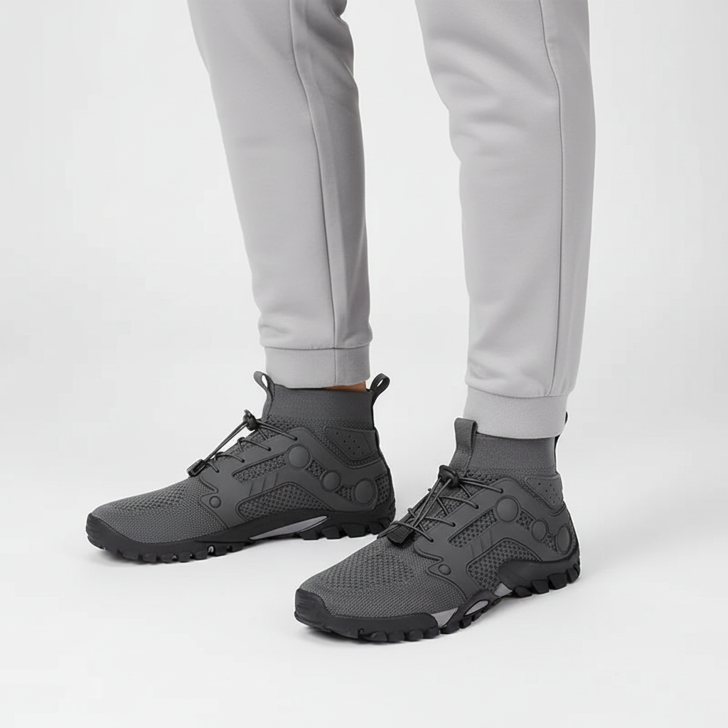 Durable men's barefoot style high shaft outdoor shoes. Non-slip grip, ankle support, perfect for natural movement.