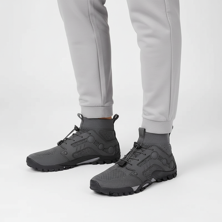 Durable men's barefoot style high shaft outdoor shoes. Non-slip grip, ankle support, perfect for natural movement.