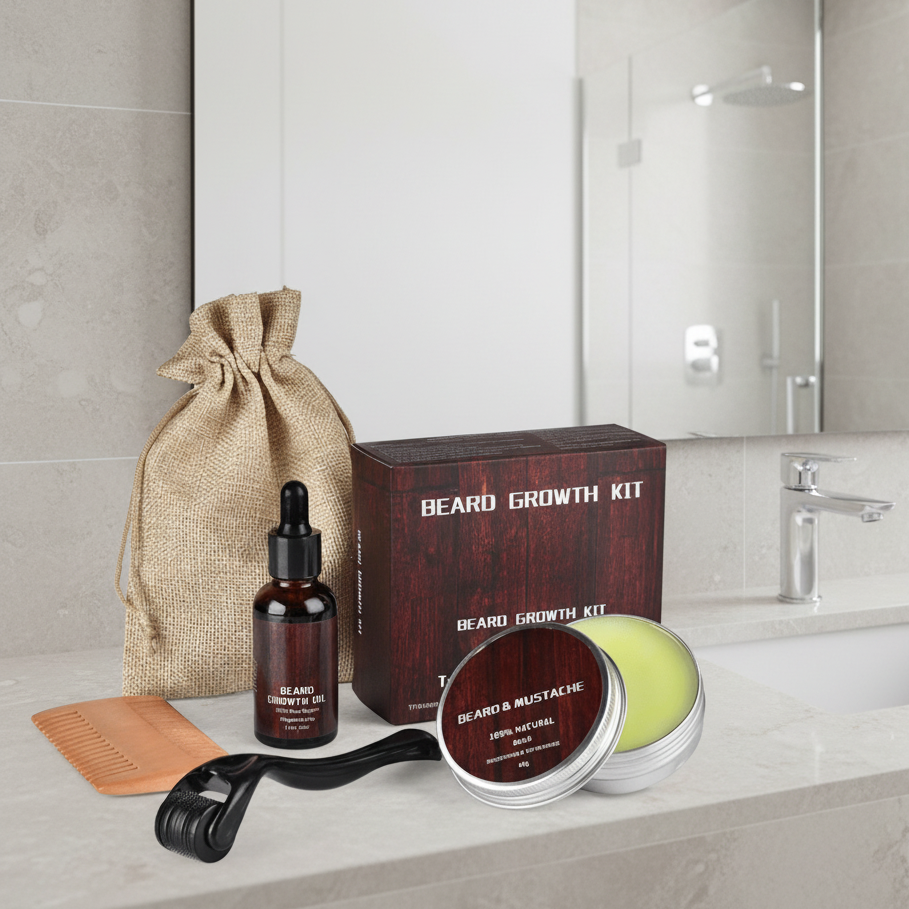 Men's Beard Growth Kit for a healthy, strong, & full beard. Includes oil, balm, & dermaroller for growth.