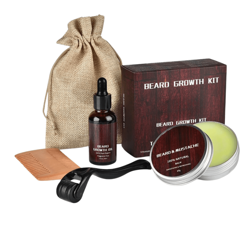 Men's beauty beard kit components: close-up of beard oil, balm, & dermaroller for robust beard growth.
