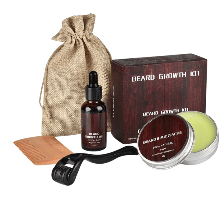 Men's beauty beard kit components: close-up of beard oil, balm, & dermaroller for robust beard growth.