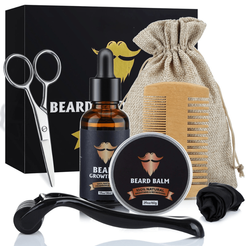 Man using a dermaroller from the beard kit to stimulate growth & address patchy beard areas. Men's grooming.