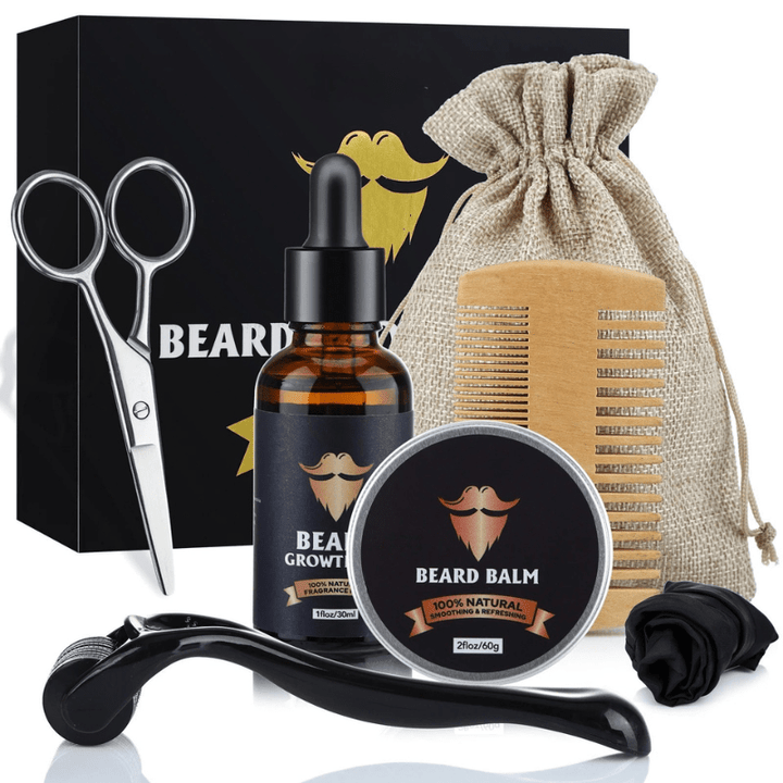 Man using a dermaroller from the beard kit to stimulate growth & address patchy beard areas. Men's grooming.