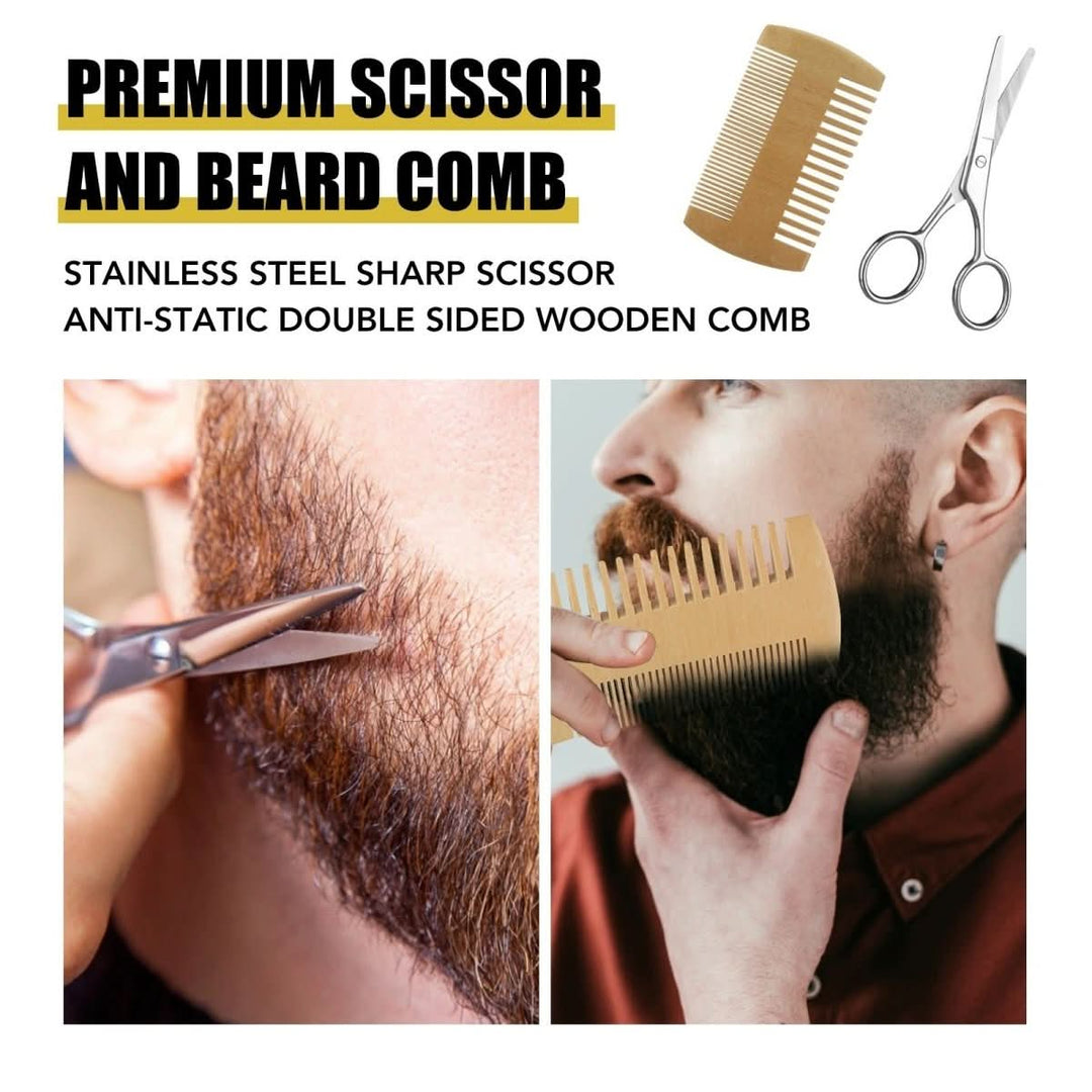 All grooming tools from the men's beard growth kit laid out. Dermaroller, oil, balm for healthy, strong beards.