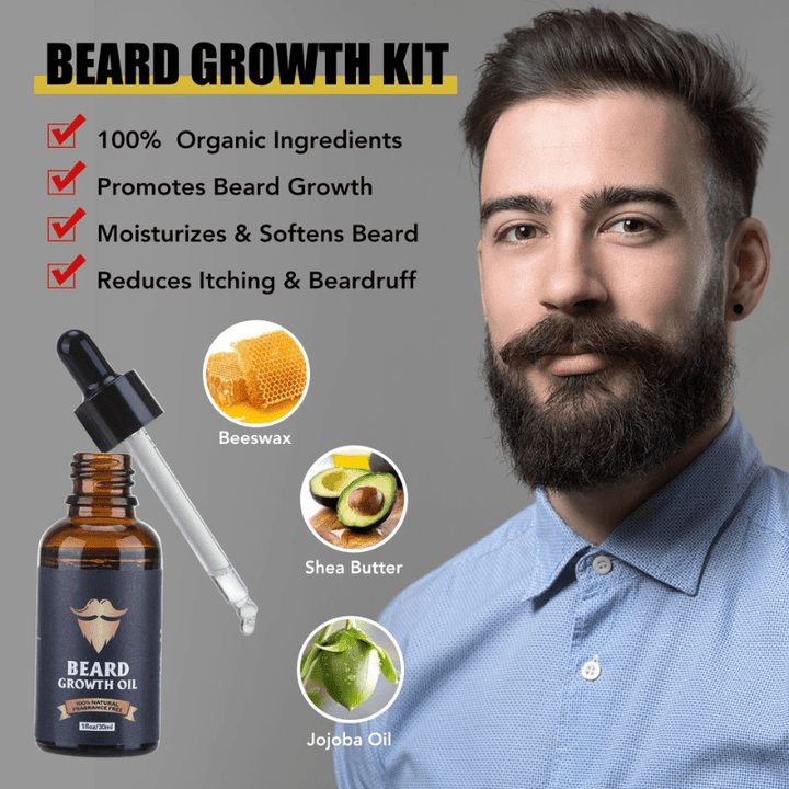 Men's grooming solution: comprehensive beard growth kit for a healthy, thicker, & fuller beard. Patchy beard fix.