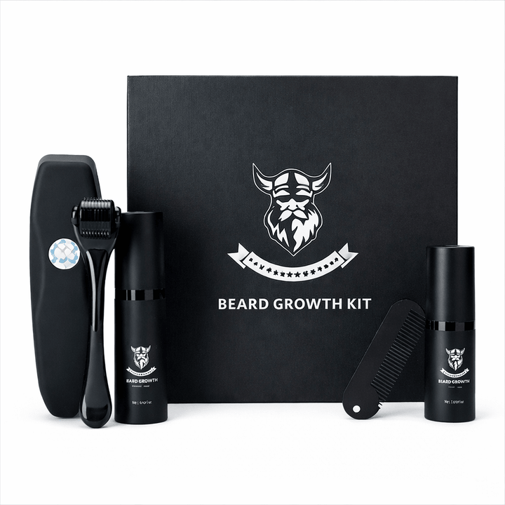 Men's beard care essentials: complete growth kit with dermaroller, oil, & balm for a strong, healthy, fuller beard.