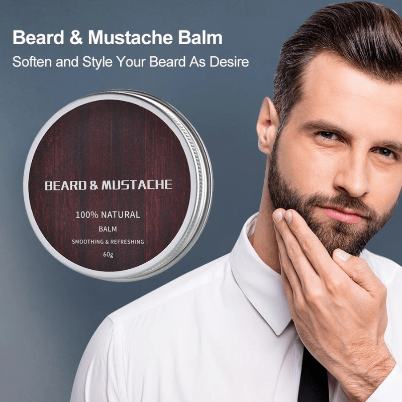 Complete men's beard kit with dermaroller, beard oil, & balm. Promotes healthy, thicker beard growth & care.