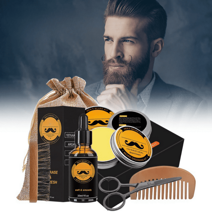 Premium beard growth kit for men: oil, balm, & dermaroller. Boosts patchy beard growth for a fuller look.